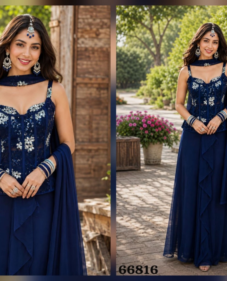 66816 - Navy Blue Sequins Ceremonial Designer Indo-Western